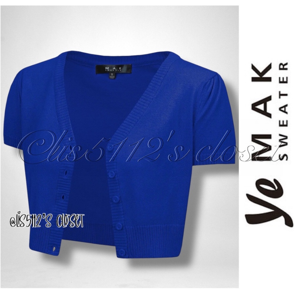 Ye MAK Royal Blue Cropped Short Sleeve Cardigan Sweater Cardi 2X